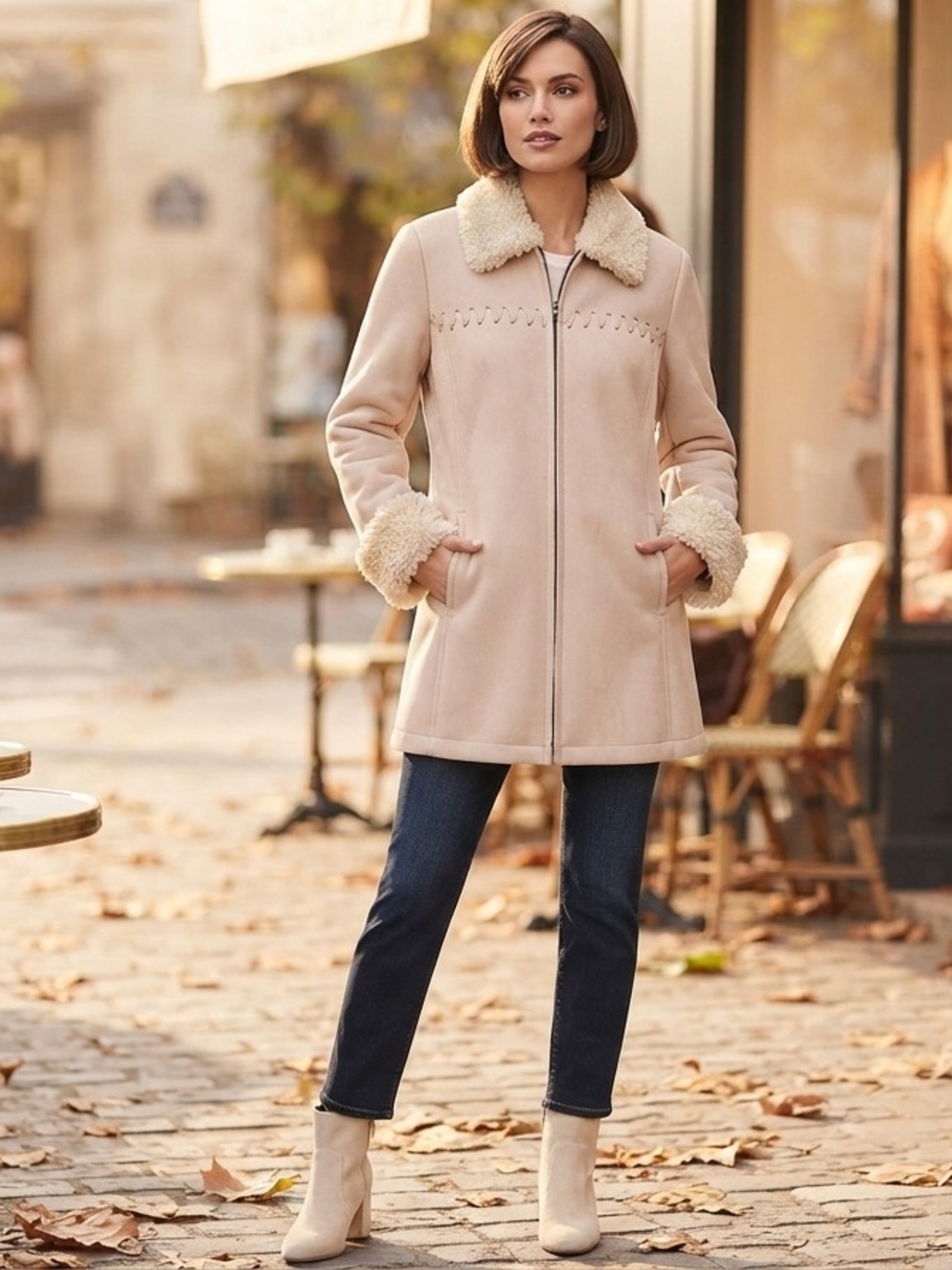Liz Claiborne Size L Women's Cream Faux-Shearling Collar Coat - Casual Elegance